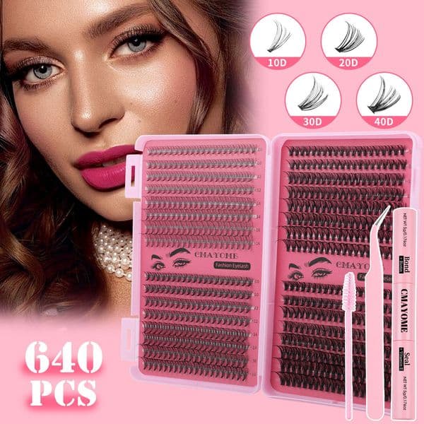 640pcs DIY Individual Eyelashes Soft Lightweight Thick Fluffy DIY Cluster Lashes Kit with Lash Bond & Seal Reusable Handmade Custer Eyelashes Set Grafted Lashes