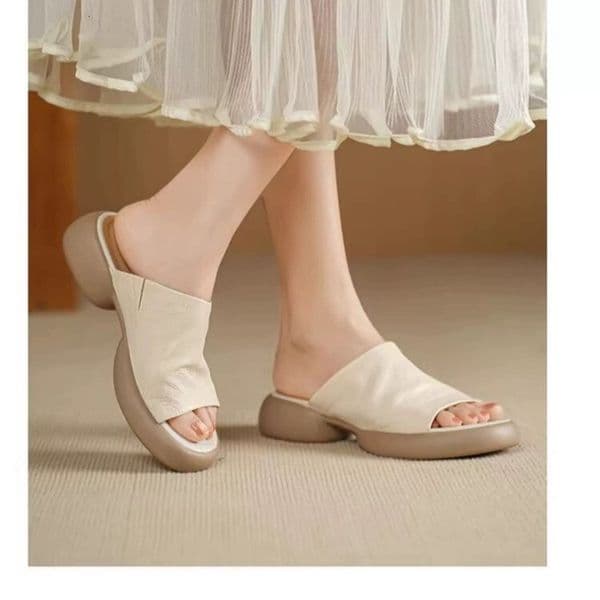 Ddmysports Ddmysports Soft Surface Faux Leather Thick Sole Slippers For Women Outdoor Wear Summer New Simple Round Open Toe Slip On Mid Heel Sandals Shoes Outdo