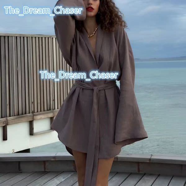Women Casual Loose Linen Cotton Robe Girl Bathrobe Linen Short Robe Kimono Sexy Bridesmaid Linen Robe with Embroidery