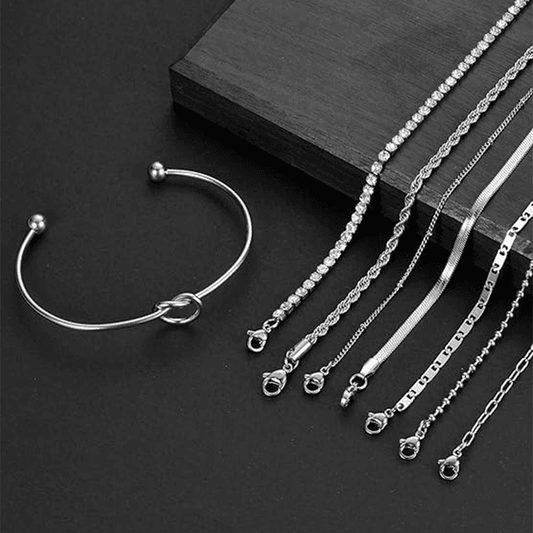 8Pcs Silver Plated Stainless Steel Link Herringbone Satellite Bead Twist Paperclip Bead Mariner CZ Tennis Love Knot Cuff Chain for Women Silver Tone 6.5