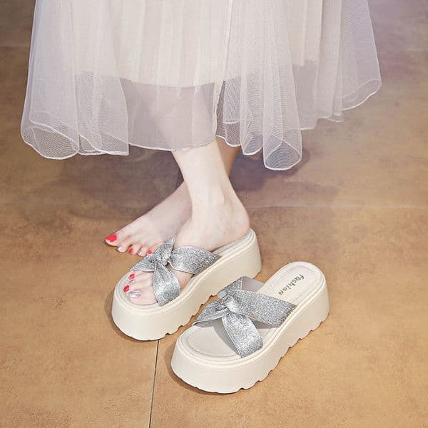 Ddmysports Ddmysports Fashion Sparkling Sequin Cross Strap One Women S Summer Comfortable Squishy Platform Slippers Outdoor Versatile Sandals Shoes Outdoor Shoe