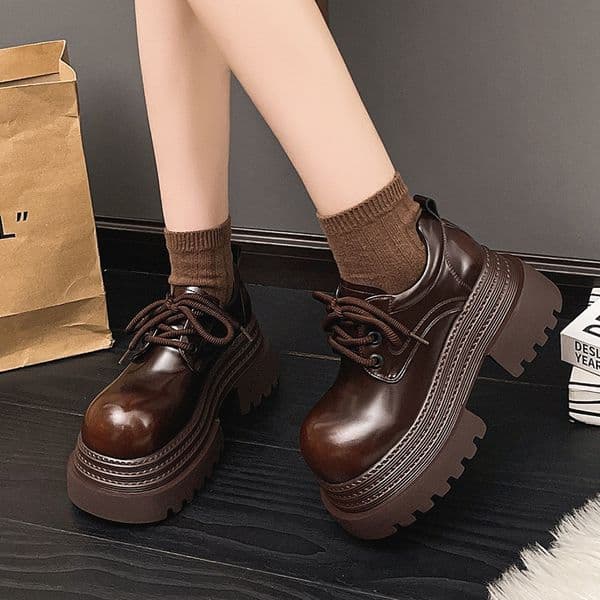 Ddmysports Ddmysports British Style Versatile Loafers For Women Spring And Autumn New Color Polished Thick Sole Petite Height Increasing Lace Up Round Toe Singl