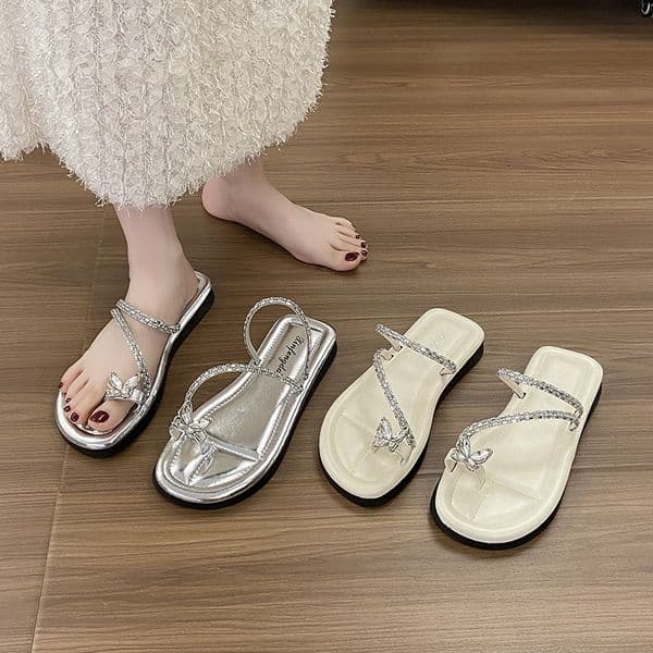 Ddmysports Trendy Toe Ring For Women Summer New Fairy Style Fashion Flat Rhinestone Roman Beach Sandals Outdoor Shoes