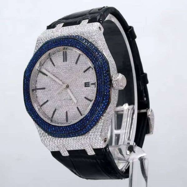 Custom Made Men's Moissanite Dia Watch Black Leather Band Fancy Dial Stainless Steel Analog Display Glass for Party Wear Free Shipping