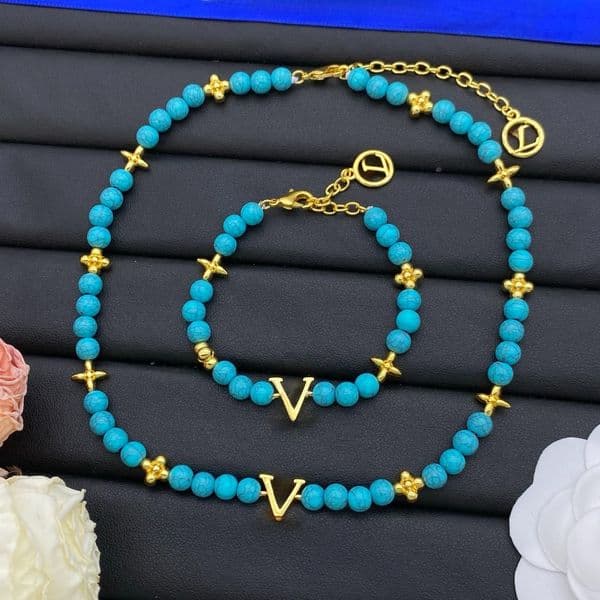 Designer Beaded Necklace Turquoise Letter Necklace Bohemian Holiday Style Rice Bead Necklace Bracelet Set High Quality Jewelry Set