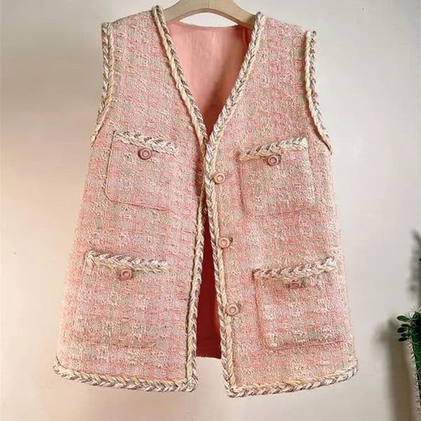 Spring/Summer High Quality Tweed Waistcoat Women Pink Vest Jacket 240823