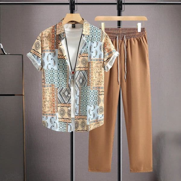 2025 Fashion Casual Ethnic Style Printed Short Sleeve Shirt Long Pants Set Breathable and Comfortable