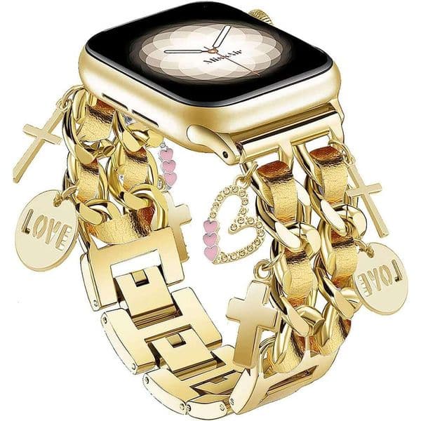 Gold Bracelet Band with Cute Charm Compatible Apple Watch 38mm 40mm 41mm 42mm S10 Women, Cuban Chain Strap for iWatch Series 10 9 8 7 6 5 4 3 2 SE
