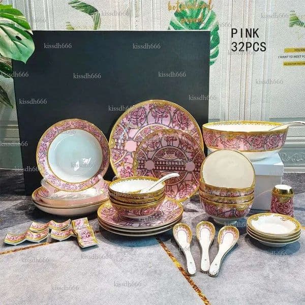 32 sets of high-end plates, bone china home style retro chopsticks, noodles, bowls, tableware gifts