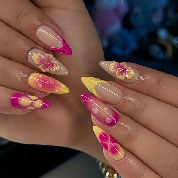 Fake Nail Tips 24Pcs/set Almond Shape 3D Floral French Nail Art Romantic Flower Language Blooming on Fingertips Presson Nails