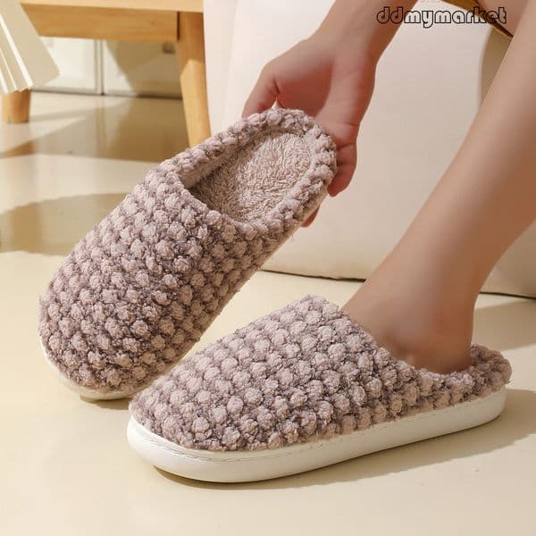 Women's Cotton for Autumn and Winter, Indoor Warm Couple's Home Use, Diamond Pattern Thick Sole Non-Slip Furry Slippers ddmymarket
