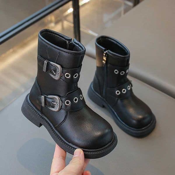 Fashion Metal Belt Buckle Decoration Riding Boots Girl 2025 Autumn Round Toe Side Zip Boots Non Slip Short Plush Booties ChildXJ250925