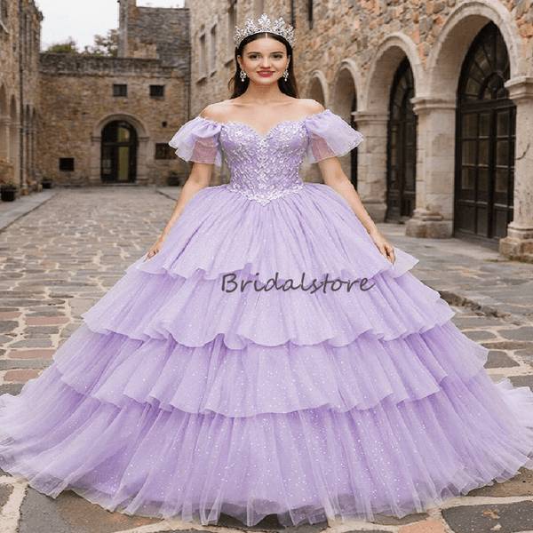 Enchanting Lilac Quinceanera Dresses 2025 Tiered Vestidos De 15 Xv Anos Debutante Birthday Dress Sparkly Tulle Formal Sixteen Party Dress Elegant