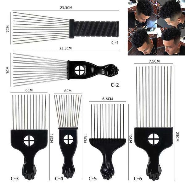 6Pcs/set Afro Pick Comb Fork Comb Insert Curly Hair Combs Stainless Steel Wide Teeth Hairdressing Brush Metal Pins Pick Hair Styling Tools