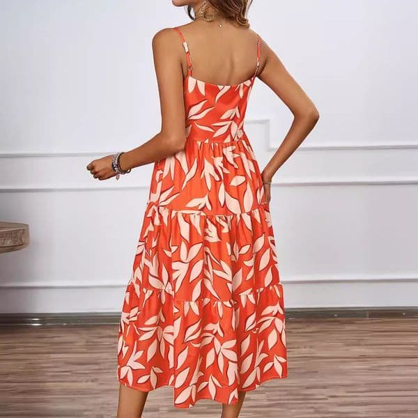 (513) Beautiful girl's elegant suspender floral print midi dress