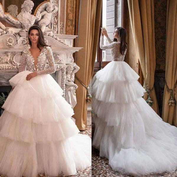 2025 White Elegant V-Neck Long Sleeves Prom Dress A-Line Tulle Illusion Applique Backless Bridal Gown Vestido De Novia