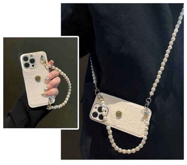 Simple Crossbody Lanyard Pearl Chain Bracelet Flower Camellia White Phone Case for iPhone 13 14 15 16 Pro Max Back Cover