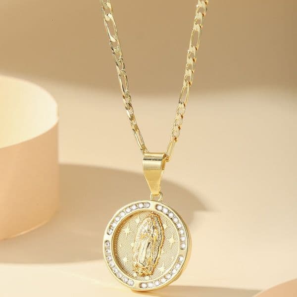 Fashion Hip-Hop Jewelry Copper Gold-Plated Inlaid Dia Religious Virgin Mary Pendant Necklace