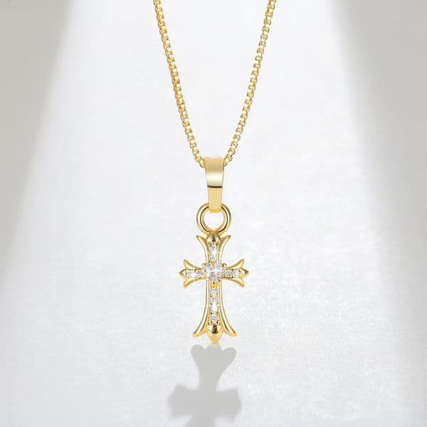 Heart Inlaid Dia Double Cross Necklace Niche Design Clavicle Chain Punk Accessory Copper Plated with Real Gold