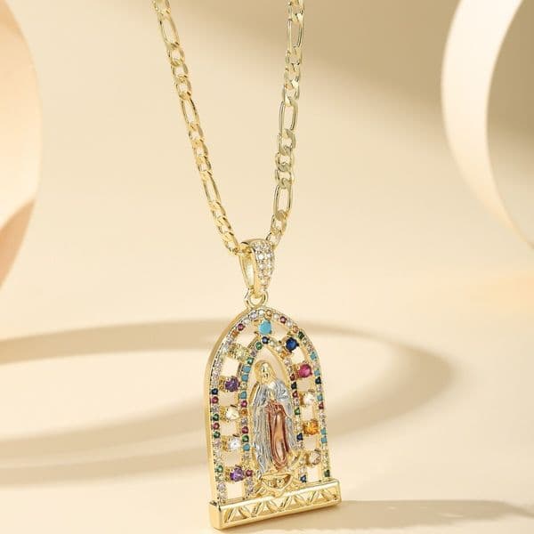 Personalized Design Micro Pave Zircon Colorful Pendant Fashion Trend Religious Mary Necklace