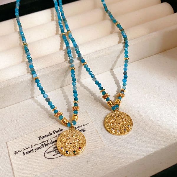 Gold - Toned Beaded Necklace With Turquoise Accents And Intricate Coin Pendant Delicate Daily & Elegant Jewelry Gift For Her High - Quality And Stylish Accessory
