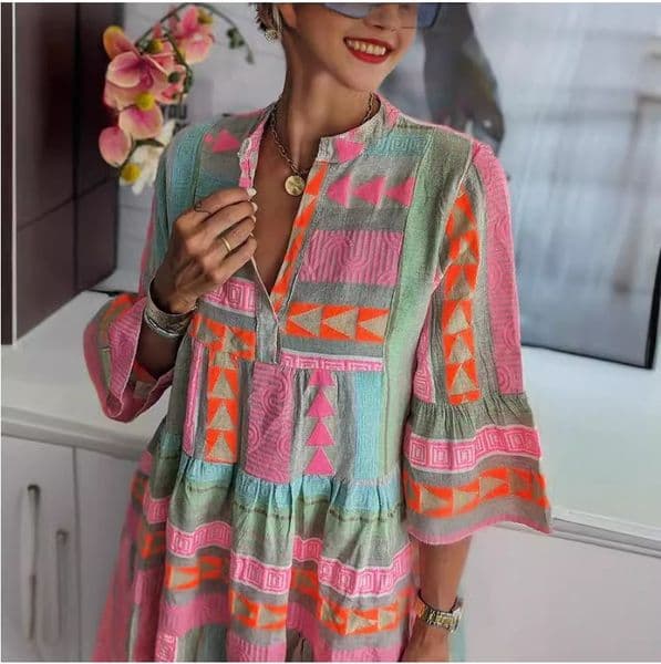 (806) New European and American Autumn Print V-neck Three-quarter Sleeve Dress