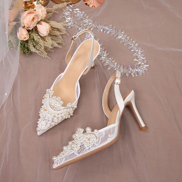Free shipping sandals, white wedding shoes, lace fashion pearl slim high heels, designer women's shoes