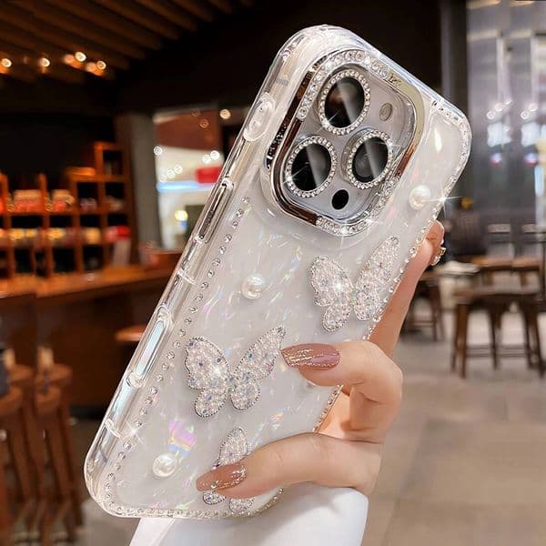 Bling Glitter Silicone Phone Case For iPhone 16 15 14 13 12 11 Pro Max Plus Pearl Butterfly Protector Shockproof Cover