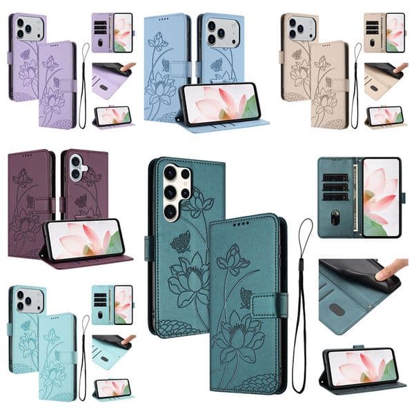 16E Lotus Flower Leather Wallet Cases For Iphone 17 Air 16 Pro Max 15 Plus 14 13 12 11 X XR XS 8 7 6 Butterfly Flip Cover Holder Credit ID Card Slot Kickstand