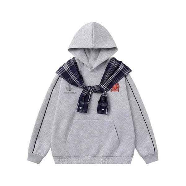 High Street Fake Two Pieces Splicing Pliad Shawl Sweatshirts Women Men Autumn Winter Casual Loose Design Pullovers Hoodies