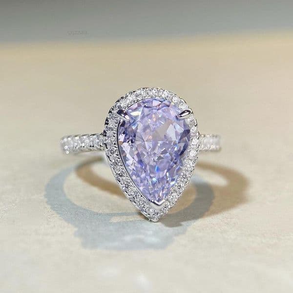 S925 Sterling Silver Lavender Purple High Carbon Diamond Gemstone European American Fashion PearShaped Ring Moissanite Fine Rings