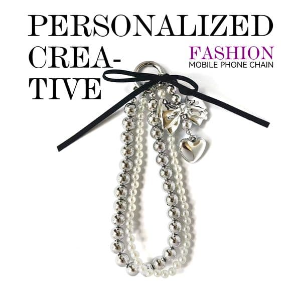 Stylish and creative design phone strap, Silver bow with heart charm, silver pearl bracelet paired with white pearl bracelet, black ribbon bow