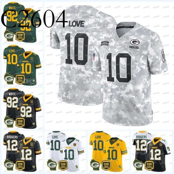 C26 10 Love 8 Josh 2024 Salute To Service Football Jersey 87 Doubs 4 Favre 92 White 85 Kraft 12 Rodgers 11 Reed 28 Dillon 7 Walker 9 Watson