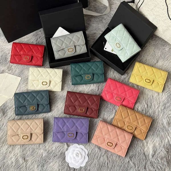 Women's Fashion Designer keychain wallet coin Fold flap classic pattern Caviar sheepskin black mini purse 0019
