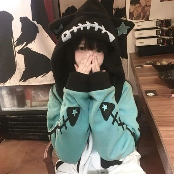 Contrast Color Kawaii Fish Bone Hoodies Women Vintage Y2k Aesthetic Oversized Streetwear Hoody Harajuku Grunge Zipper Sweatshirt 250627