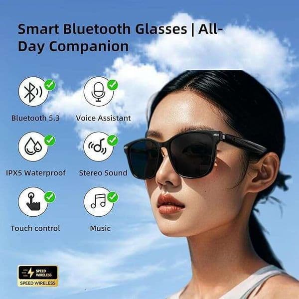Smart Bluetooth Glasses Gs08 With AI Translation, Music, Calls, UV Protection & Polarized Lenses - Black