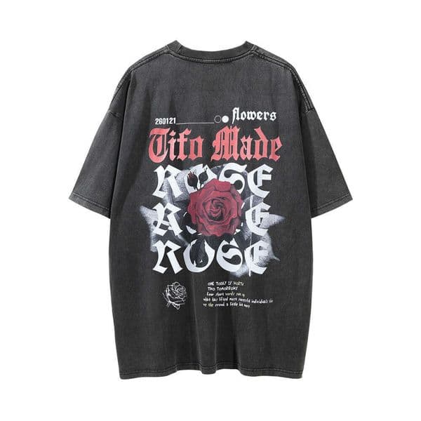 China-Chic Fried Rose Print Round Neck Short T-shirt Boys Street Loose Old Wash Head Half Sleeve Shirt