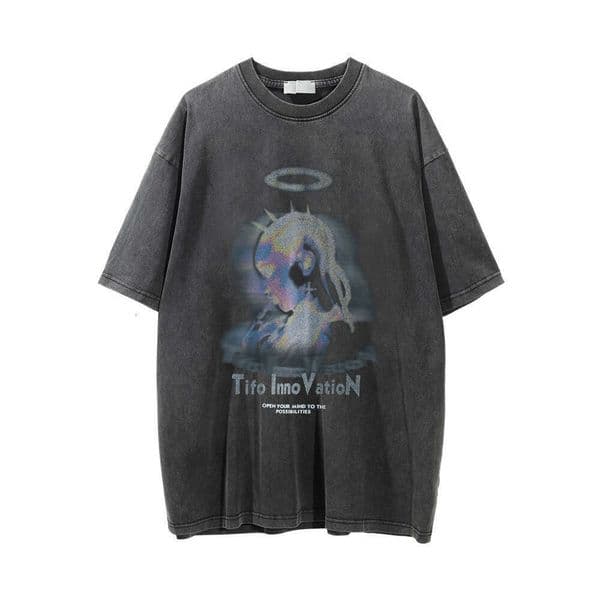 Thermal imaging character print short washed and worn-out for men's hip-hop street trend loose fitting quarter sleeved T-shirt top