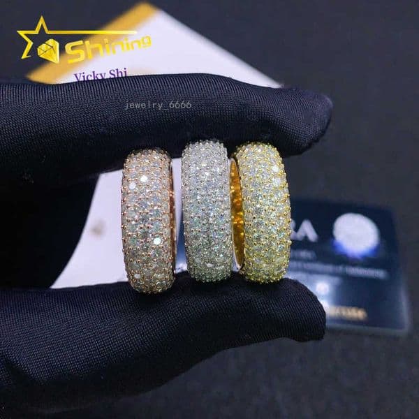 Shining full of diamond 5 rows moissanite diamond ring men 925 sterling silver gold plated hip hop ring finger rings