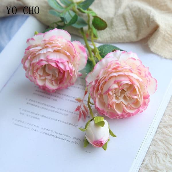 YO CHO Artificial Peonies for Garden Decoration Fake Flowers White Pink Rose Silk Flower Pink Peony Wedding Bouquet 3 Heads