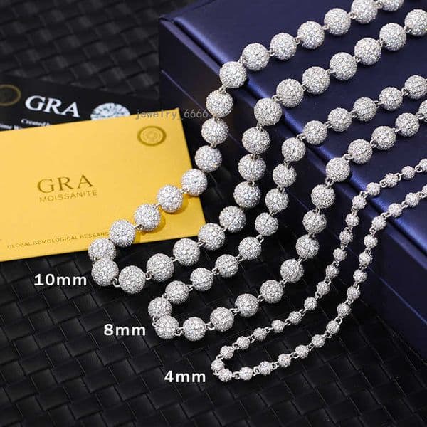 Yu Ying 925 Solid Silver 4mm 8mm 10mm Wide Chain VVS Round Moissanite Ball Shape Cuban Link Chain For Hip Hop Jewelry