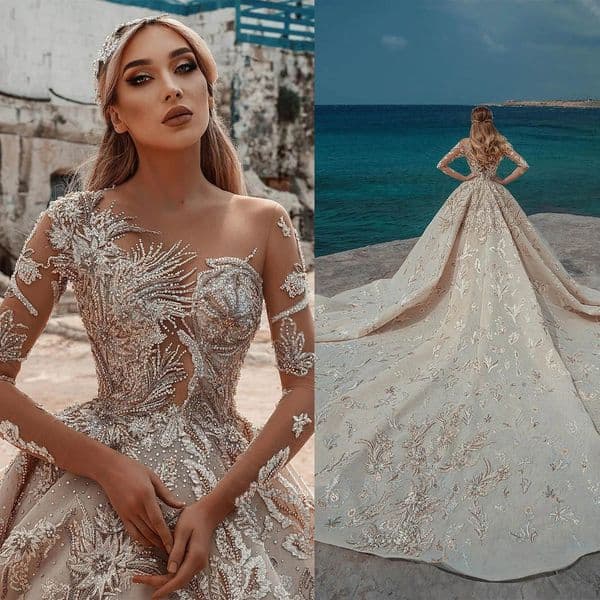 Modern Long Sleeve Lace Ball Gown Wedding Dresses Lace Net Appliqued Sequins Sweep Floor Cathedral Bridal Gowns Arabian Dubai Custom Made Vestidos De Novia