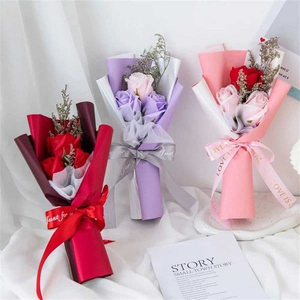 Artificial Soap Flower Rose Bundle Gift Bag Valentines Day Birthday Gift Wedding Home Decoration 3-Head Rose Soap Bouquet Gift W250104
