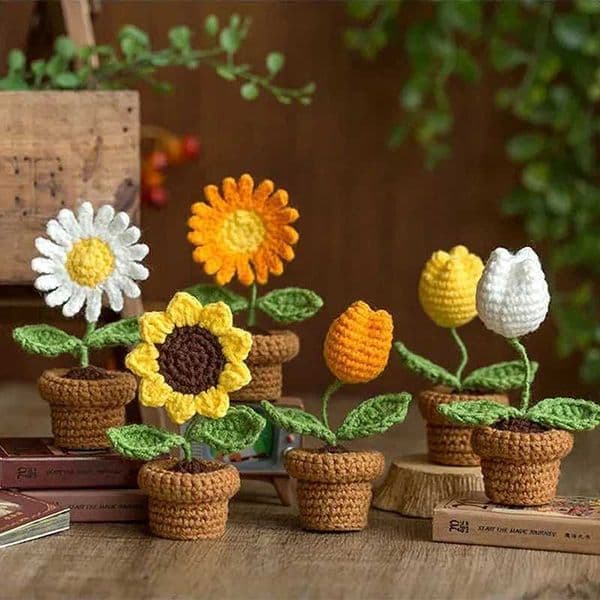 Sunflower crochet flower hand woven flower wedding gift providing guests with Potted weaving flower table accessories flower Valentines Day W250104