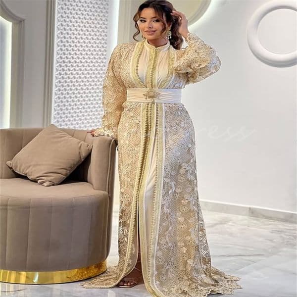 Fancy Champagne Moroccan Kaftan Evening Dress Islamic Muslim Turkish Prom Dress Lace Long Sleeve Formal Party Gown Algerian Abendkleider 2025 Vestio De Novias
