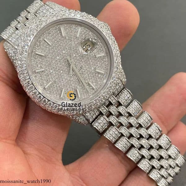 Customized Fine Jewelry Moissanite Watch Fully Bust Down In Stainless Steel And Round Brilliant Cut Dias For Men