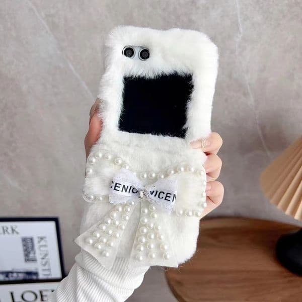For Samsung Galaxy Z Flip 5 4 3 G Cute Soft 2025 Fur Puff Bow Pearl Phone Case Cover