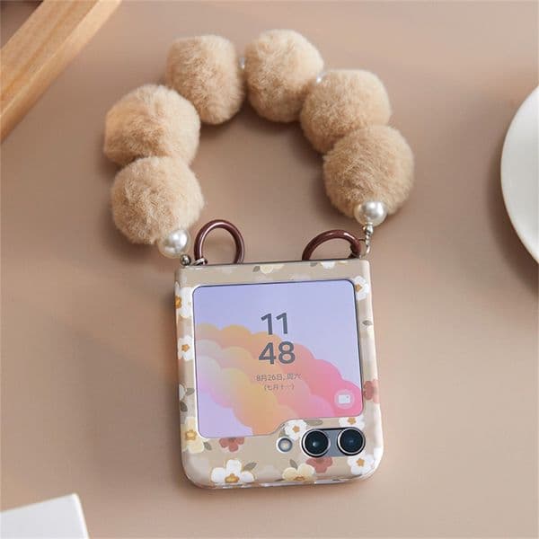 2025 Korean Fashion Pink Full Screen Love Flower Plush Ball Bracelet Case for Samsung Galaxy Z Flip 6 Z Flip6 Flip5 Back Cover