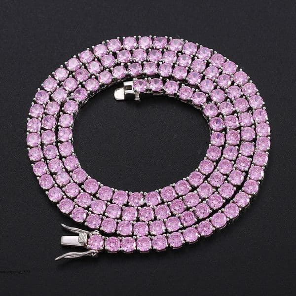 Hip Hop 4mm Pink Single Row moissanite Necklace Tennis Chain Have a certificate s925