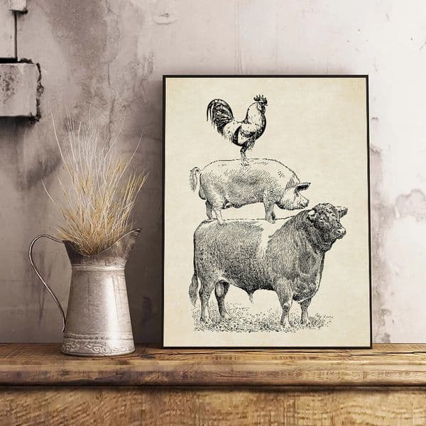 Vintage Farm Poultry Cow Pig Chicken Poster French Country Farmhouse Retro Wall Art Picture Canvas Painting Prints Kitchen Decor